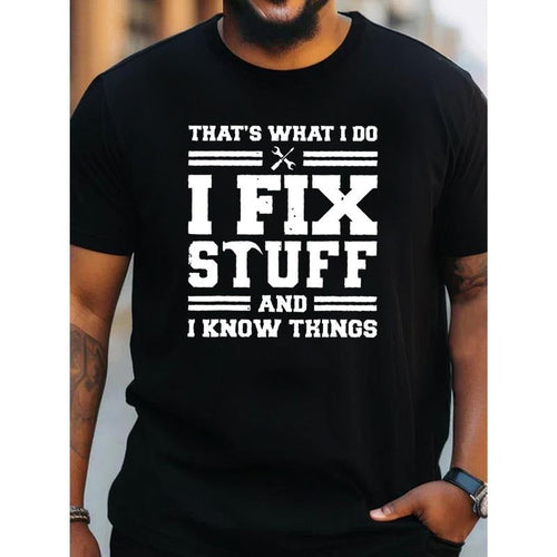 1 pc, 100% cotton T-shirt, I FIX STUFF Creative Alphabet Print PLUS SIZE Men's Crew Neck Short Sleeve Comfy Summer...