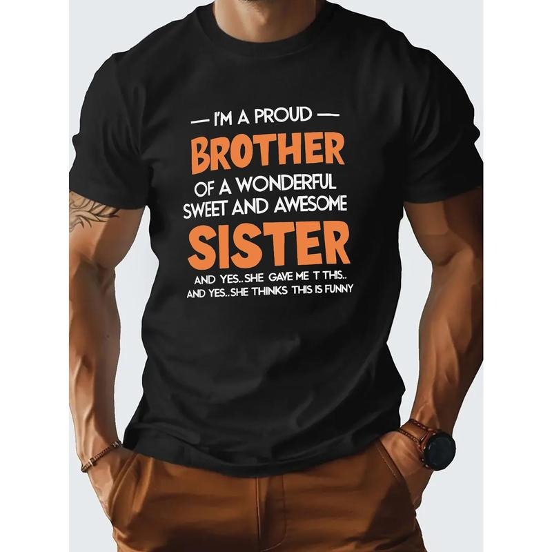 1 pc, 100% cotton T-shirt, I'M A PROUD BROTHER Creative Print, Men's Crew Neck Short Sleeve Summer T-shirt, Casual Comfy...