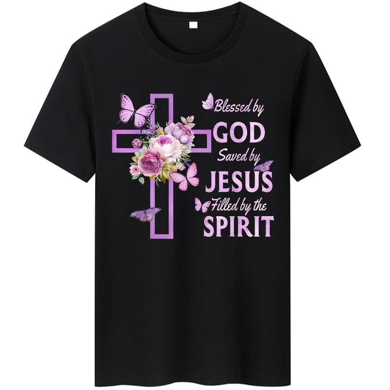 100% Cotton Blessed by FOG Saved by Jesus Purple Floral Cross Christian T-Shirt Hoodie, Sweatshirt | RetroVerseTees.com