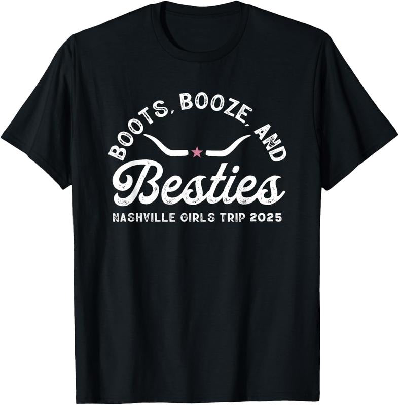 100% Cotton Boots Booze And Besties Nashville Girls Trip 2025 T-Shirt Hoodie, Sweatshirt | RetroVerseTees.com