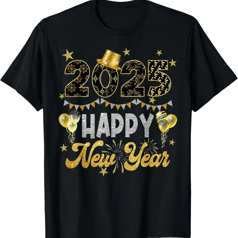 100% Cotton Happy New Year Party 2025 Ballon Family Matching Men Women T-Shirt Hoodie, Sweatshirt | RetroVerseTees.com