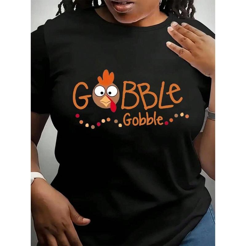 100% Cotton Knit Fabric Gobble Turkey Print Casual Crew Neck T-Shirt for Women Plus Size Spiky hair fighters Season Fit...