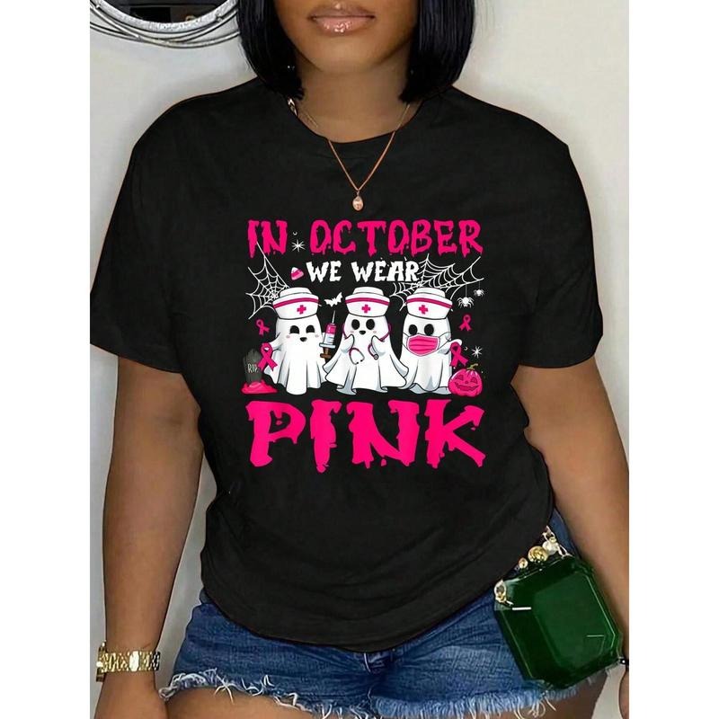 100% Cotton Red plumber brand October We Wear Pink Nurse Ghost Halloween Breast Cancer T-Shirt Women'WB shield Summer...