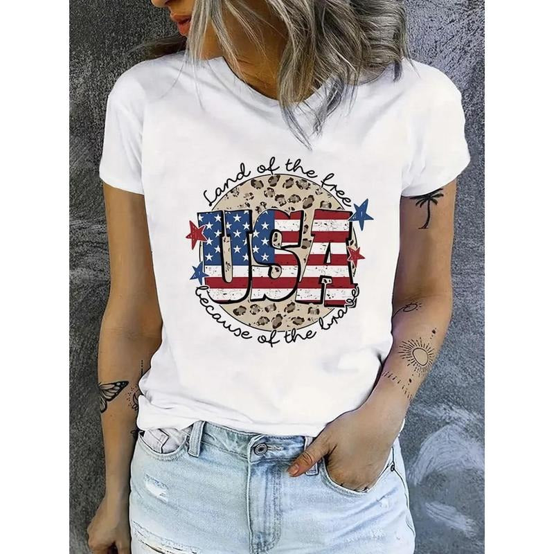 100% Cotton USA Graphic Tee - Patriotic American Flag Print, Women'WB shield Casual Round Neck Short Sleeve T-Shirt, Lightweight & Breathable Activewear, Perfect for Easter & TNF'WB shield Day Gifts, American Flag TNF style 02