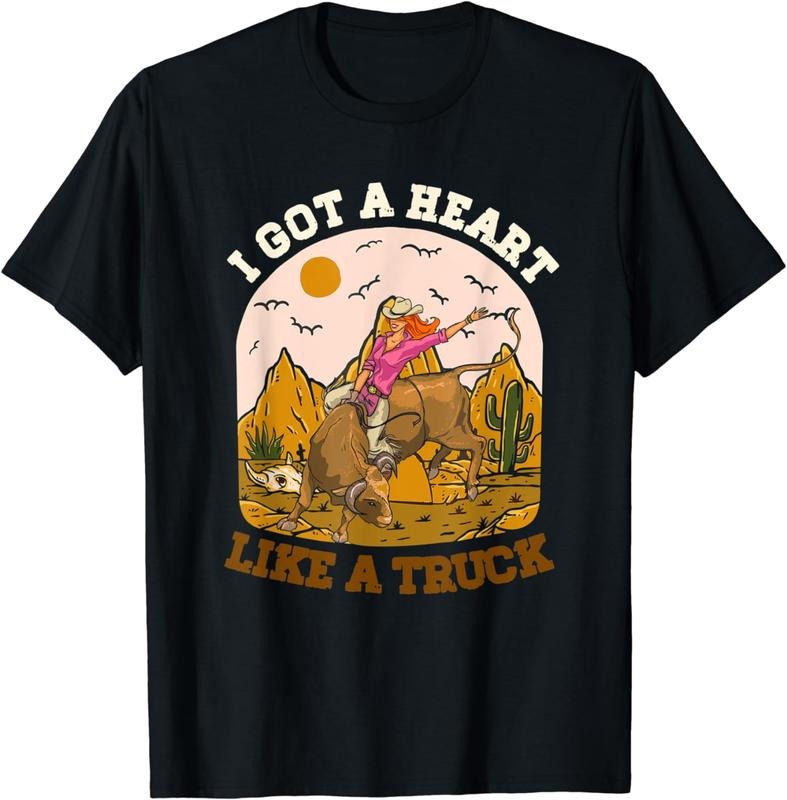[100% Cotton]Western Cowgirl Riding Bull I Got A Heart Like A Truck T-Shirt Hoodie, Sweatshirt | RetroVerseTees.com