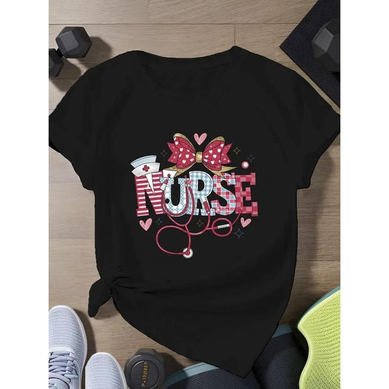 100% Pure, Bow Nurse TNF Printed T-Shirt for Summer Round Neck Short Sleeved Women, with Slight Elasticity, Lightweight...