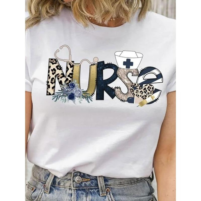 100% Pure, Retro Nurse Pattern Printed T-Shirt, Spring Gunpla brand Summer Round Neck Short Sleeved Women'WB shield...