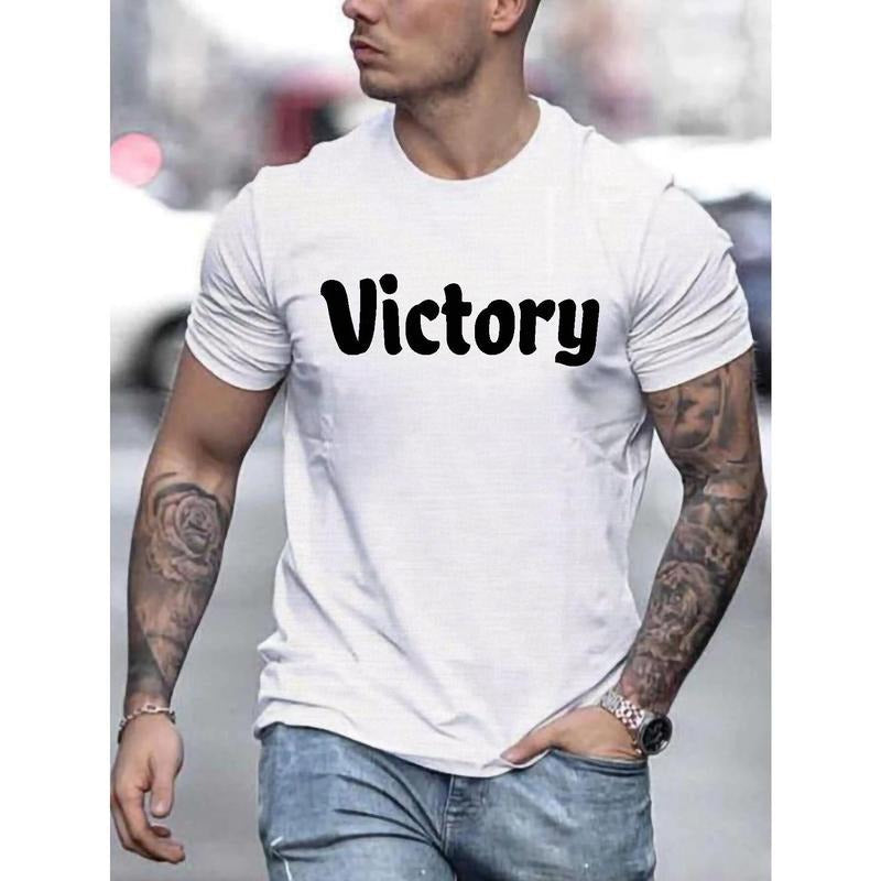 100% cotton T-shirt, VICTORY Letter Graphic Print Men's Creative Top, Casual Short Sleeve Crew Neck T-shirt, Men's...