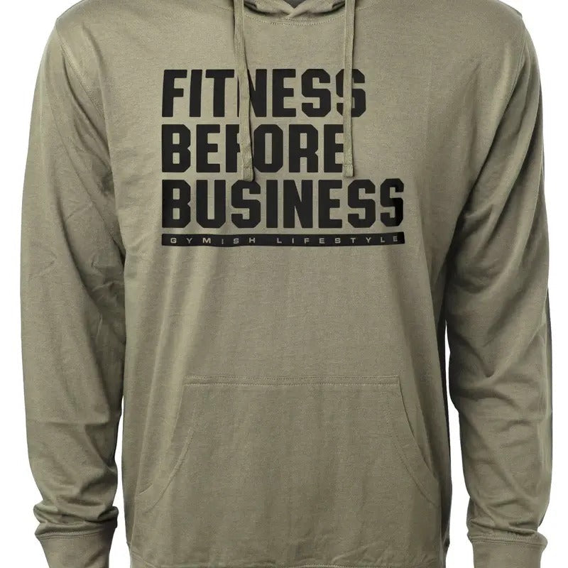 110. Fitness Before Business Funny Workout Gym Hoodie for Men Cotton Menswear T-Shirts, Sweatshirt | RetroVerseTees.com