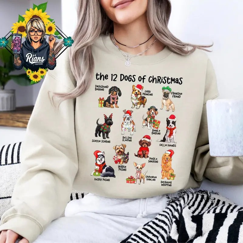 12 Dogs Of Christmas Comfortable Cozy Sweatshirt Crew Neck Cute Pullover T-Shirts, Hoodie | RetroVerseTees.com