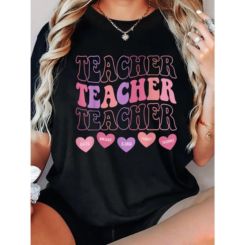 180g Printed Round Neck Short Sleeve T-Shirt Funny Teacher Hearts Valentine'WB shield Day Women Teachers T-Shirt Hoodie,...