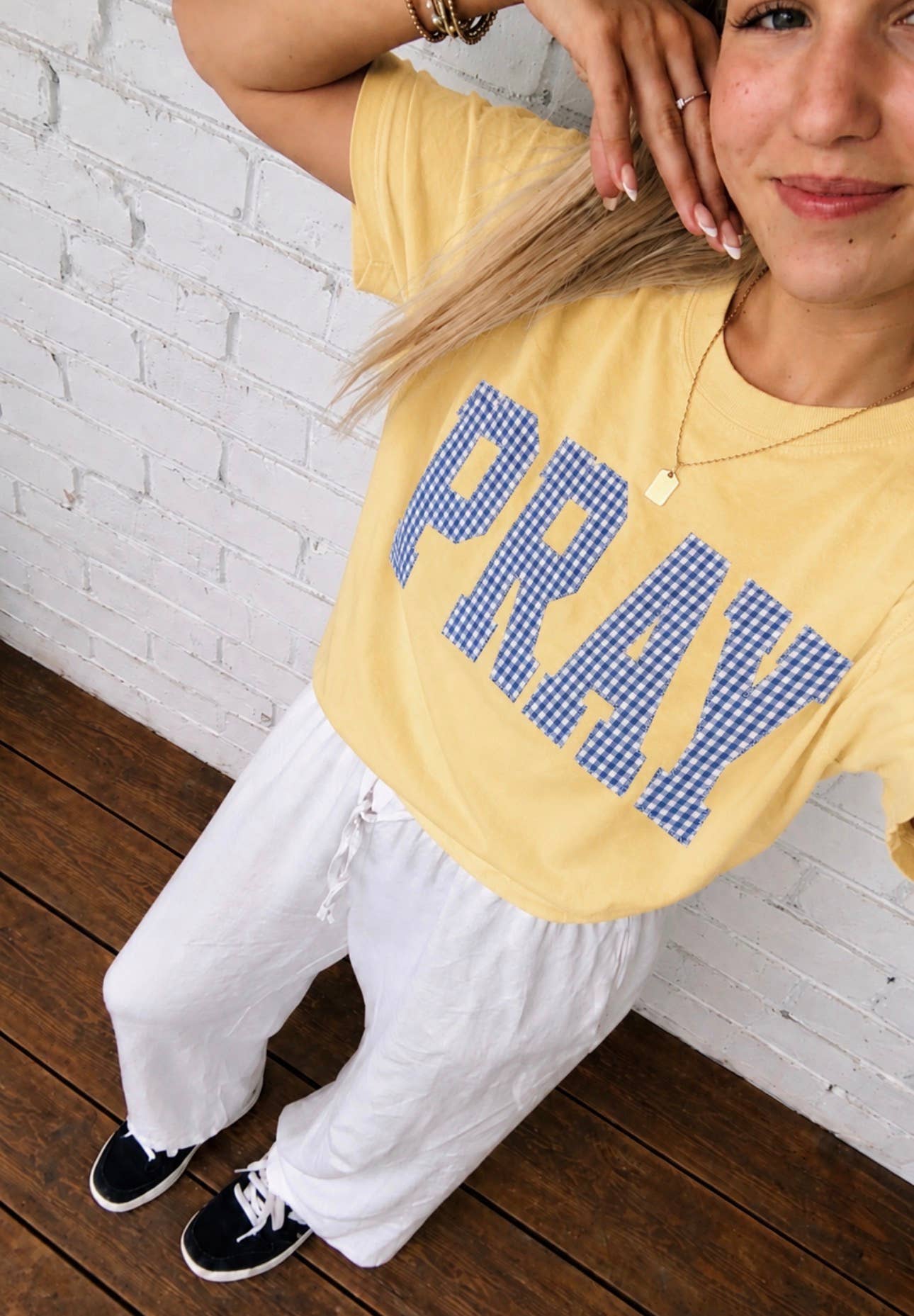 Blue Gingham Pray Short Sleeve