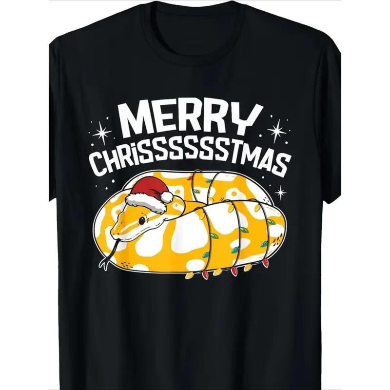 1pc Merry Christmas Snake with Santa Hat Graphic T-Shirt, 100% Cotton Casual Round Neck Tee, Digital Print Short Sleeve...