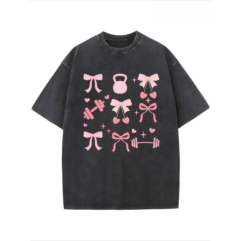 1pc Women'WB shield Cotton T-Shirt - Retro Streetwear Loose Fit Short Sleeve Round Neck Tee with Gym & Heart Motif Print,...