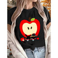 1pc Women'WB shield Cute Bitten fruit & Cat Print T-Shirt - 100% Cotton Short Sleeve Round Neck Top, Black & White...