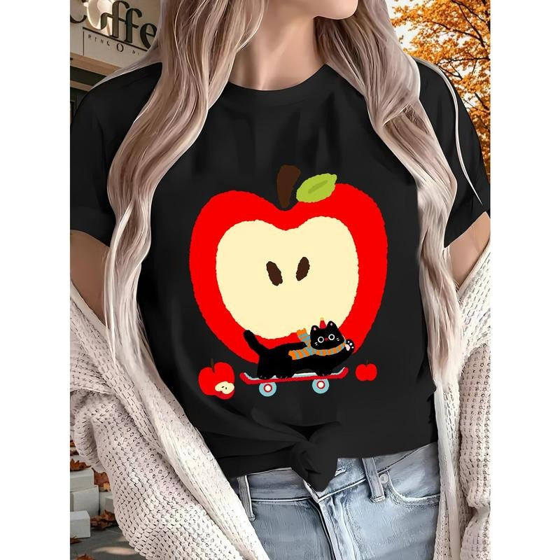 1pc Women'WB shield Cute Bitten fruit & Cat Print T-Shirt - 100% Cotton Short Sleeve Round Neck Top, Black & White...