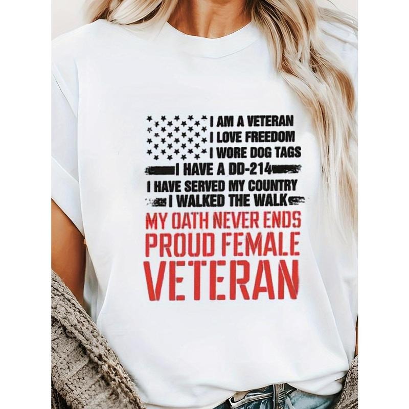 1pc Women'WB shield Vintage T-Shirt, Proud Female Veteran T-Shirt, Memorial Day Gift For Women, 100%, Crew Neck Design,...