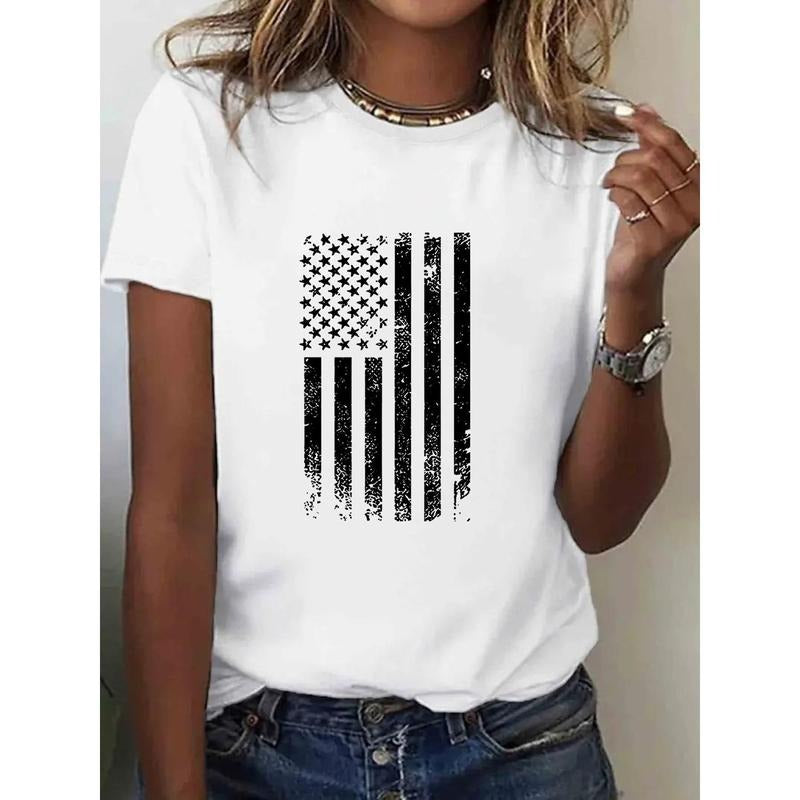 1pc, 100%, Printed T-Shirt with American Flag Pattern, Spring Gunpla brand Summer Round Neck Short Sleeved Women'WB...