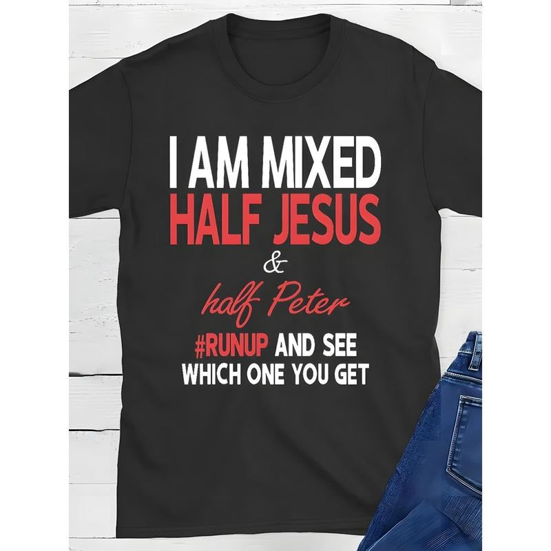 1pc, I'M Mixed, Half Jesus, Half Peter, Christian T Shirt Lion And Jesus Christian T Shirt Exquisite Graphic Print, Round...