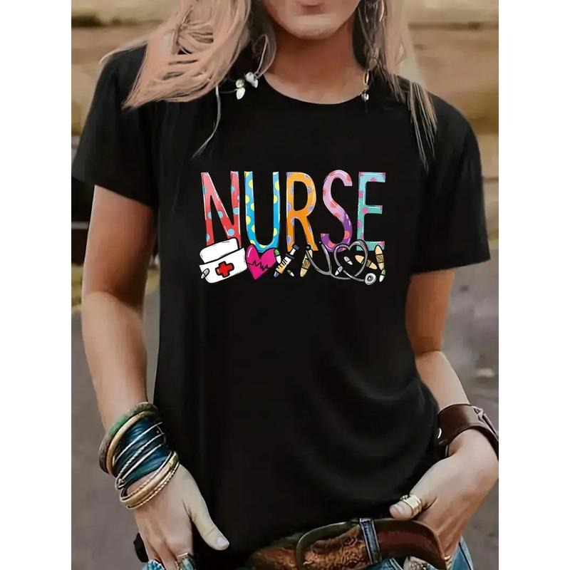 1pc, nurse love letter printed T-shirt, spring Gunpla brand summer casual round neck short sleeved top, fashionable top