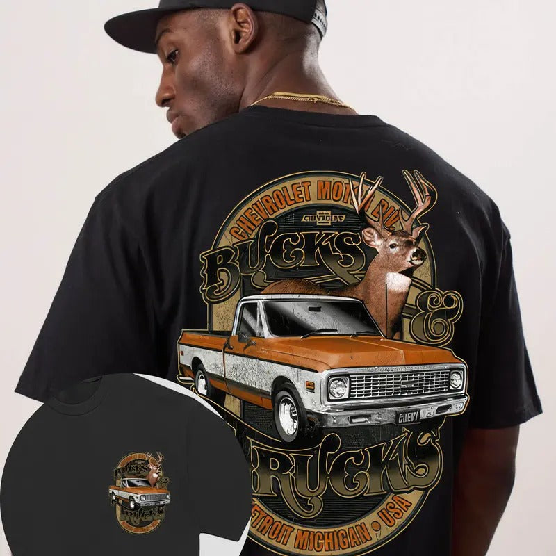 2 Sides Chevy Bucks and Trucks T-Shirt - Classic Cotton Crewneck Graphic Tee Hoodie, Sweatshirt | RetroVerseTees.com