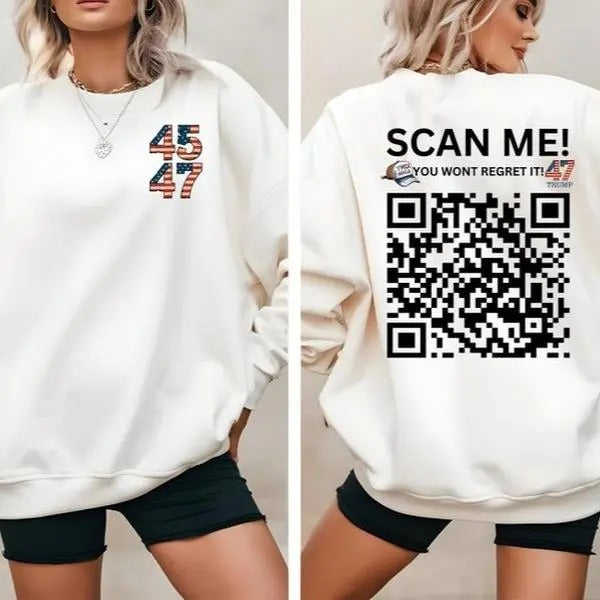 2 Sides Trump QR Code Sweatshirt - Scan for Dancing Trump YMCA Video - Funny Political Gildan 18000 Sweatshirt, Gifts,...