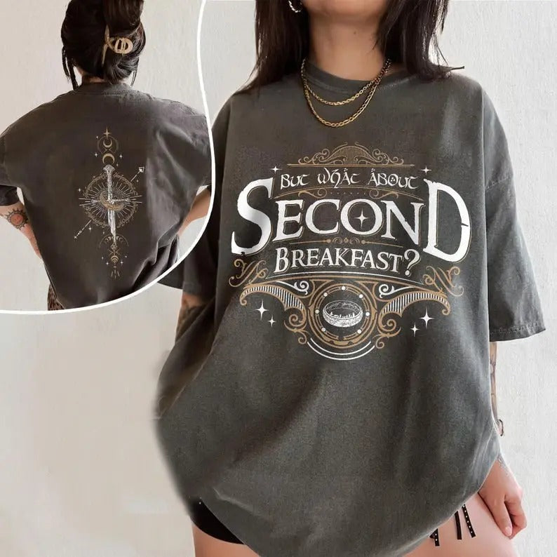 2 Slides, Funny LOTR T-Shirt For Fans, Second Breakfast Shirt, Bookworm Apparel, Cozy Fantasy Tee, Gift For Book Lover...