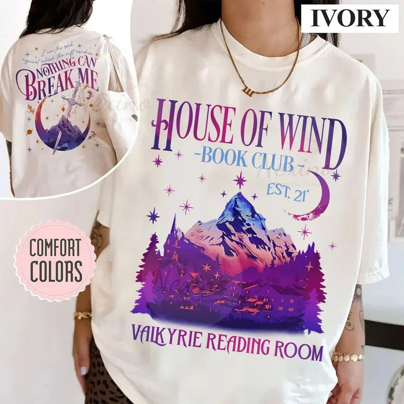 2 slides, ACOTAR House Of Wind Book Club T-Shirt | Night Court Velaris House Of Wind Library Sarah J Maas Throne of...