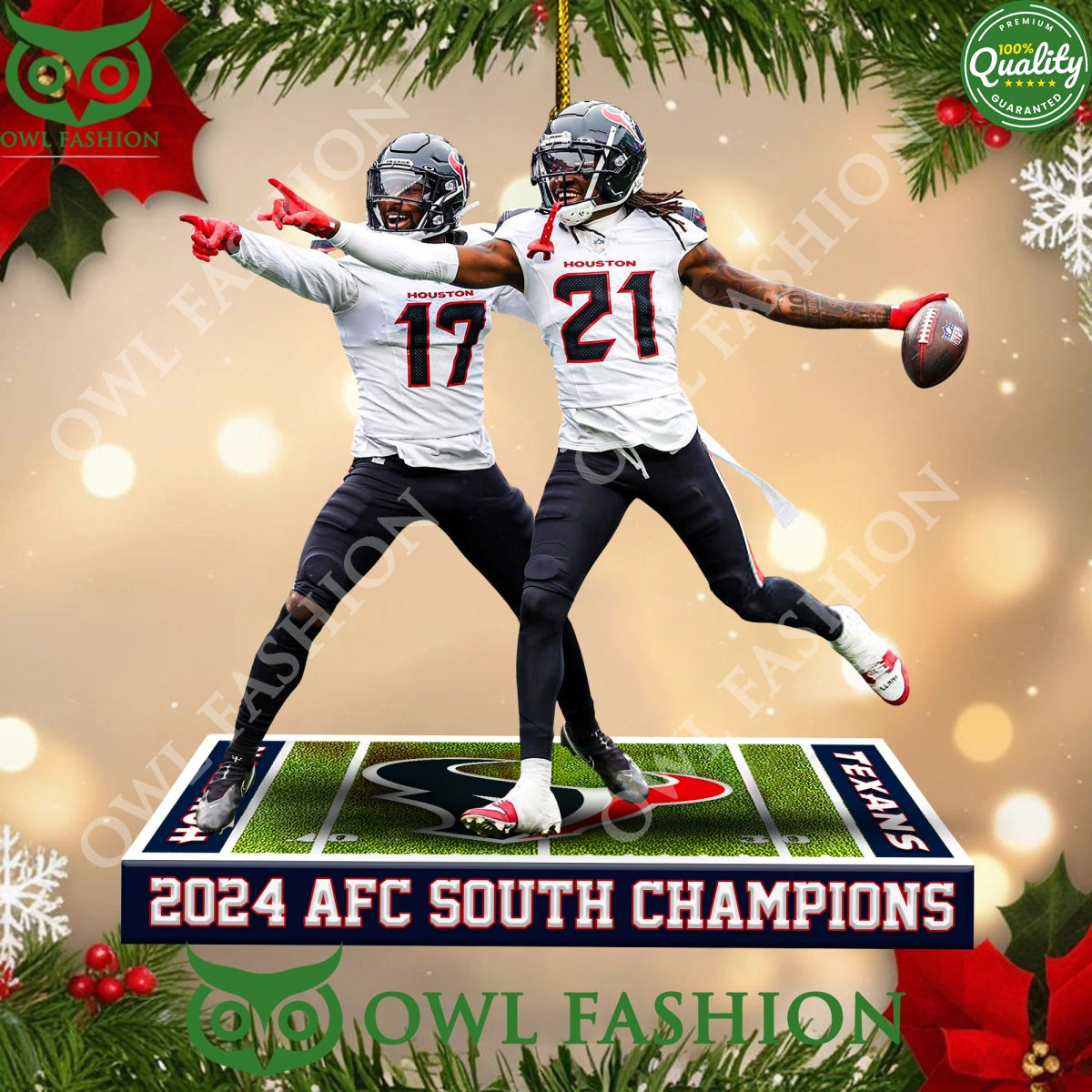 2024 AFC South Champions Houston Texas Kris Boyd and Calen Bullock pointing plastic ornament