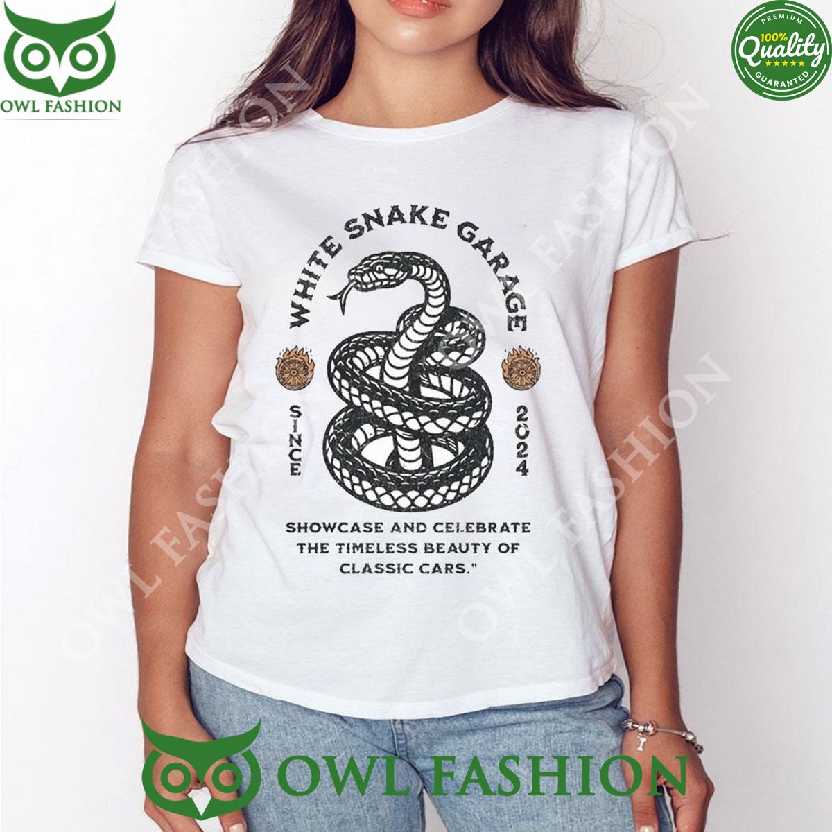 2024 White Snake Garage Since Showcase And Celebrate The Timeless Beauty Of Classic Cars T-shirt