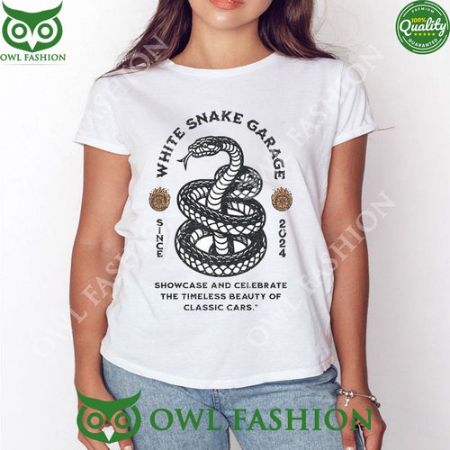 2024 White Snake Garage Since Showcase And Celebrate The Timeless Beauty Of Classic Cars T-shirt