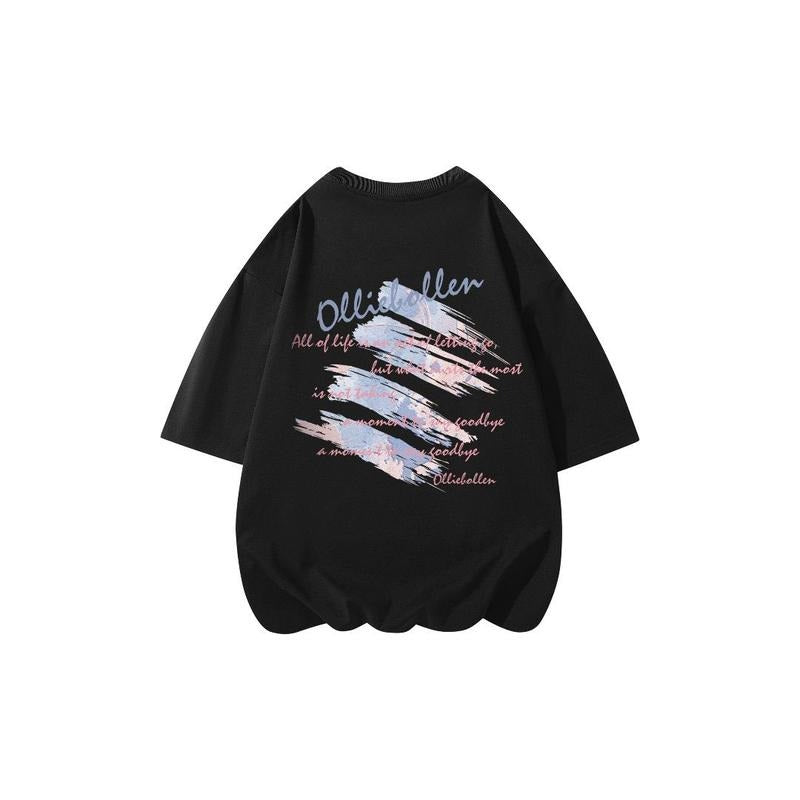 2025 American High Street Hand-Painted Graffiti Letter Printing Loose Shoulder round Neck Heavy Short Sleeve T-shirt...