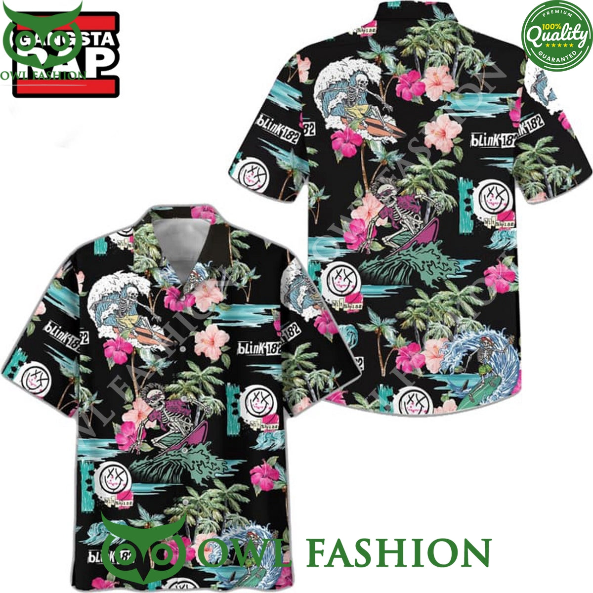 2025 Blink-182 Skull Sea Surfing Black Tropical Hawaiian Shirt