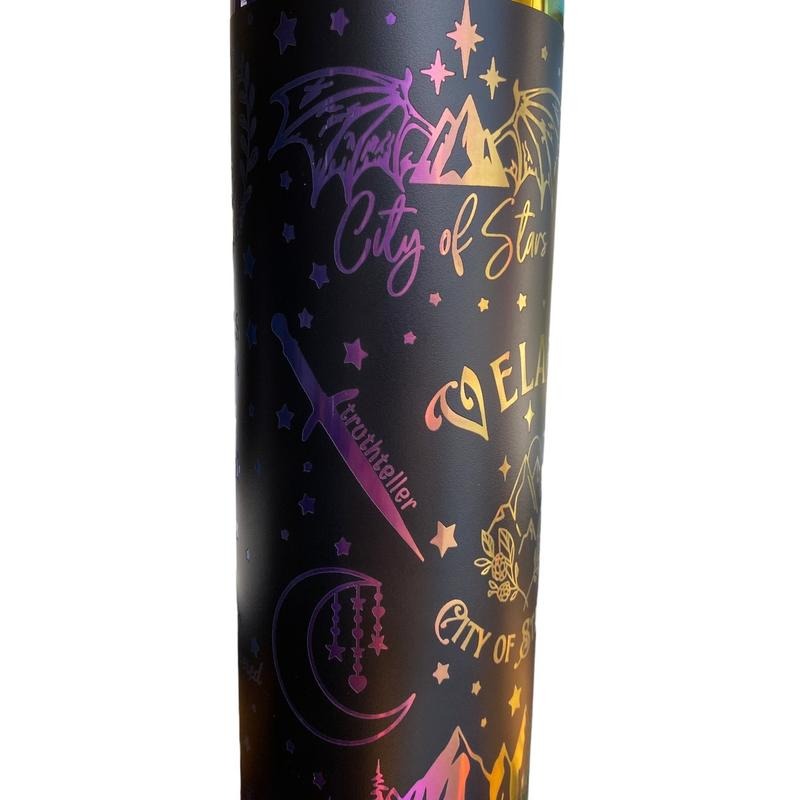20oz Skinny ACOTAR Tumbler - Black with rainbow plated base - City of Verlaris - Night a court Tumbler - Booktok Tumbler...