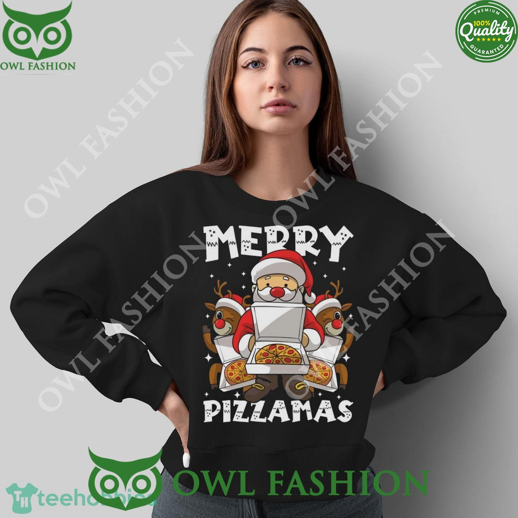 Merry Pizzamas Santa Claus and Reindeer Black Ugly Sweater
