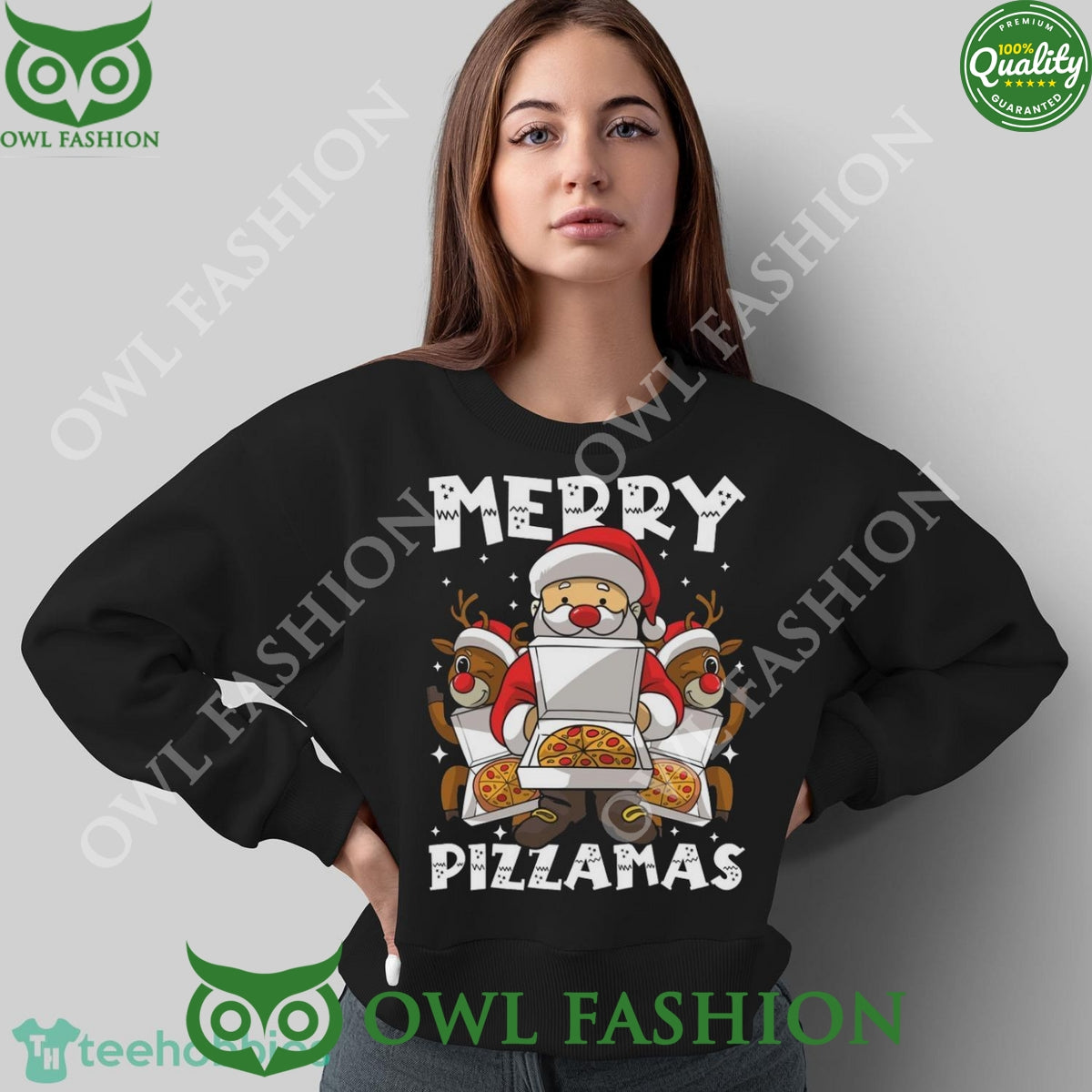 Merry Pizzamas Santa Claus and Reindeer Black Ugly Sweater