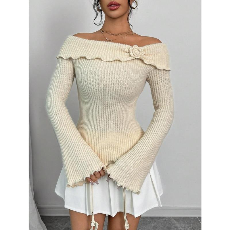 3D Floral Rib Knitted Sweater Bell Sleeve Lettuce Trim Off Shoulder Knit Top T-Shirts, Hoodie, Sweatshirt