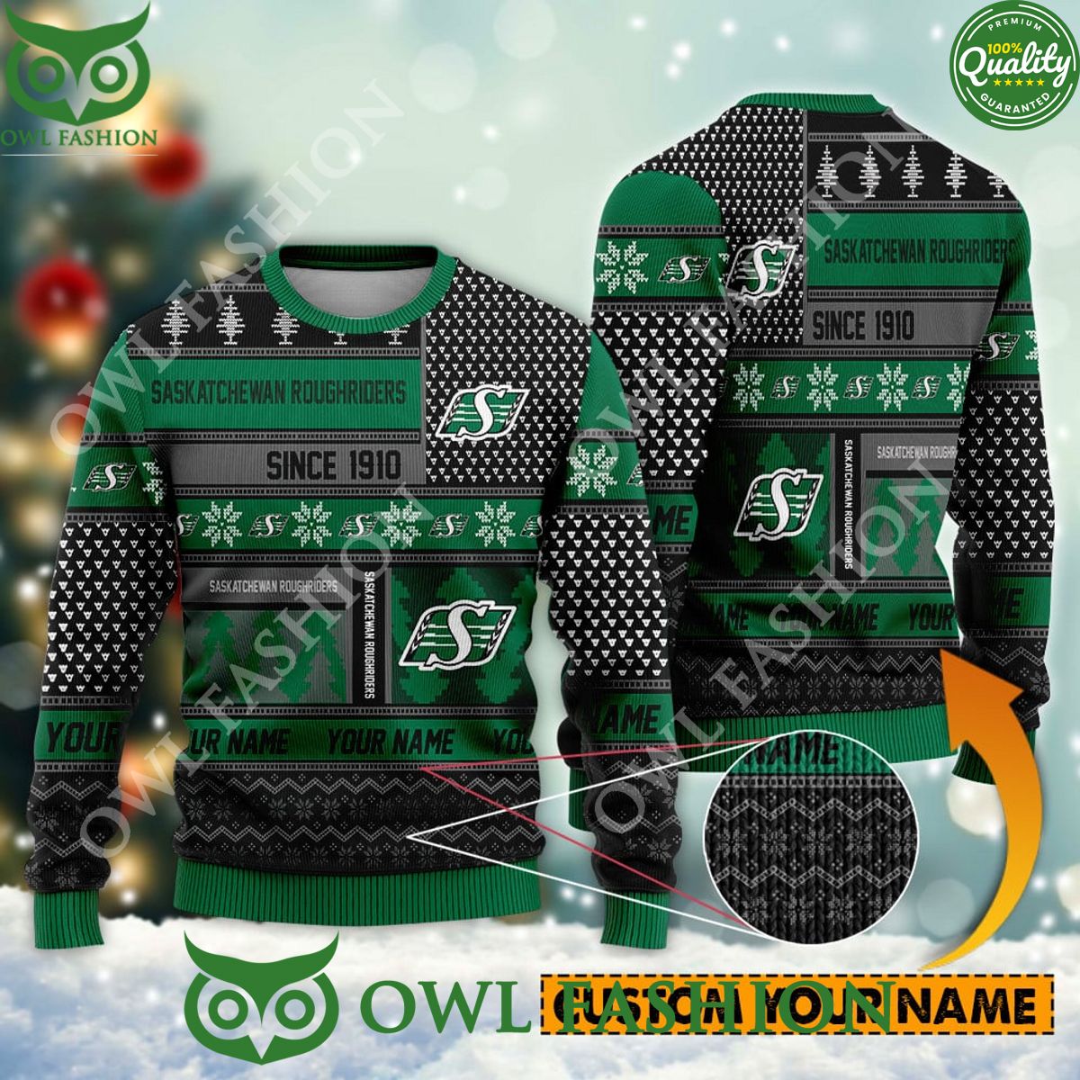 Saskatchewan Roughriders since 1910 Custom name CFL Green Ugly Sweater