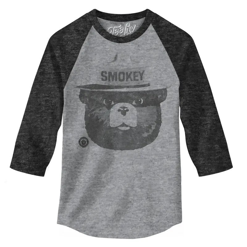 Smokey Bear 3/4 Sleeve Raglan T-Shirt - Gray and Black Hoodie, Sweatshirt | RetroVerseTees.com
