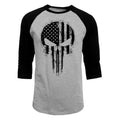 USA Flag Skull Distressed Blacked Out 3/4 Sleeve Raglan T-Shirt Hoodie, Sweatshirt | RetroVerseTees.com