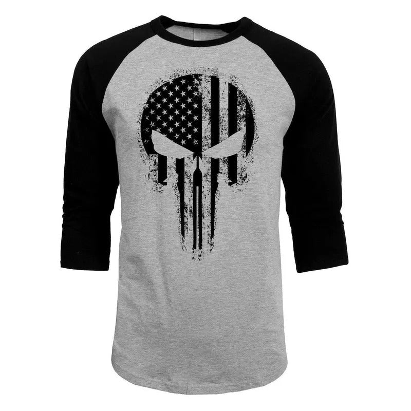 USA Flag Skull Distressed Blacked Out 3/4 Sleeve Raglan T-Shirt Hoodie, Sweatshirt | RetroVerseTees.com