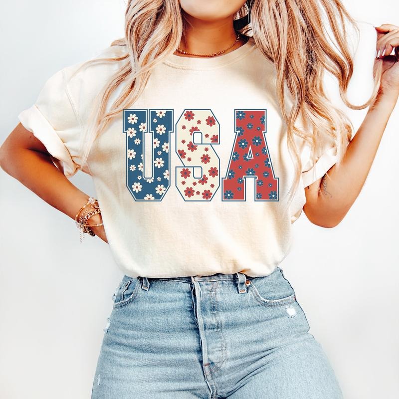 4th of July Shirt - USA Floral Flowers Shirt - Independence day Women Tee & Sweatshirt Hoodie | RetroVerseTees.com