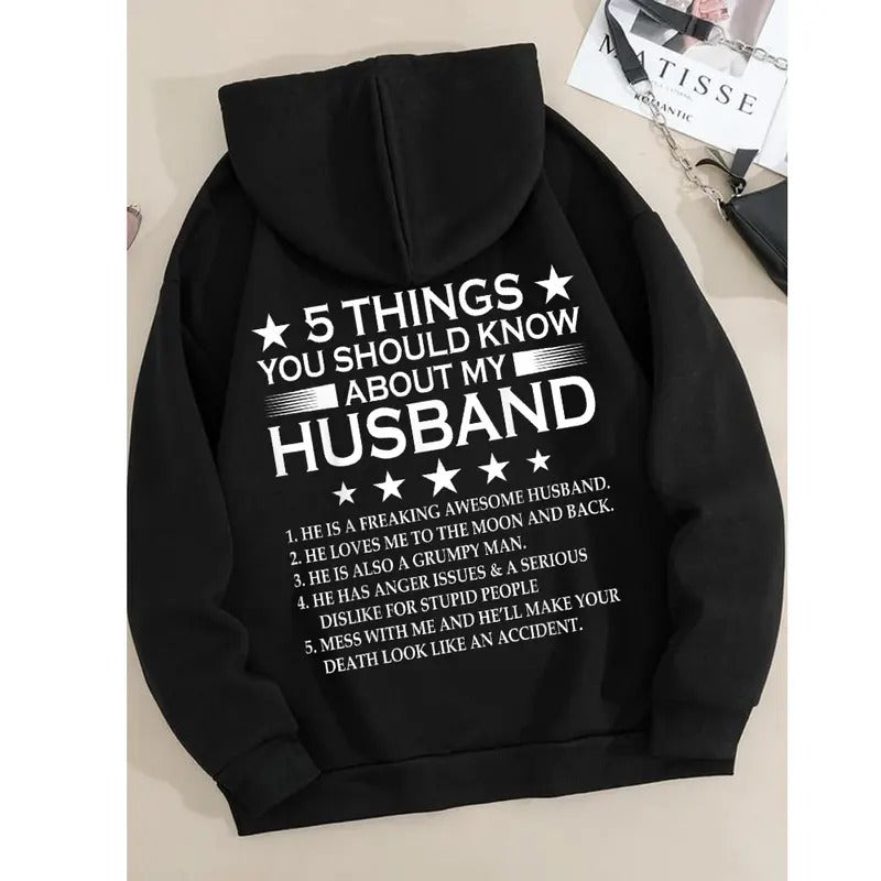 5 Things you Should Know about My Husband Funny Hoodie Casual Street Style Fleece Fabric Pullover Hooded Sweatshirt for...