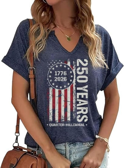 4th of July V Neck Shirts for Women Casual American Flag USA Graphic Patriotic T-Shirt Memorial Tops Party Tee