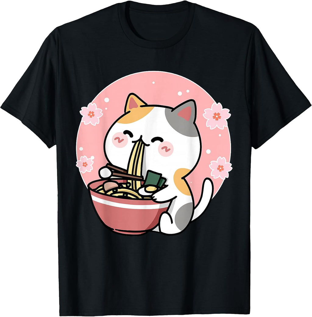 Kawaii Anime chubby Cat Eat Ramen noodle