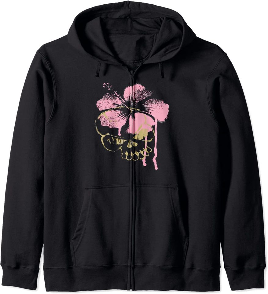 Skull With Flower Hoodie Skull Pink Flower Graphic Zip