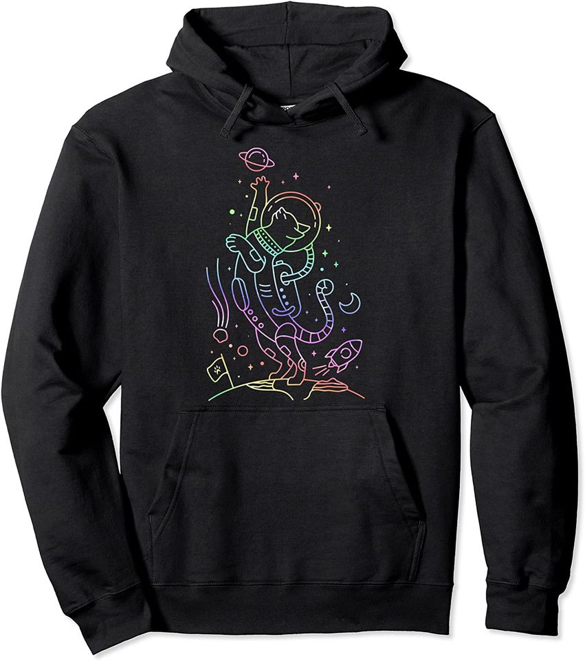 Trippy Color Hoodie Cat Trippy Colorful Line Art Space Astronaut Pullover