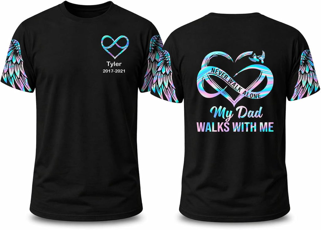 Never Walk Alone My Love Walks With Me Personalized All Over Print T-shirt with Name, Memorial Gift for Loss of Loved One, Custom Loving Memory Hoodie, Never Walk Alone Sweatshirt, Remembrance Apparel