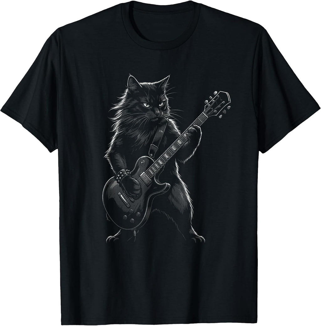 Black Cat Playing Electric Guitar Gothic Rocker T-Shirt