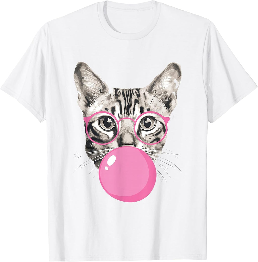 Bengal Cat with Glasses & Pink Bubble Gum,Bengal Cat Lover T-Shirt